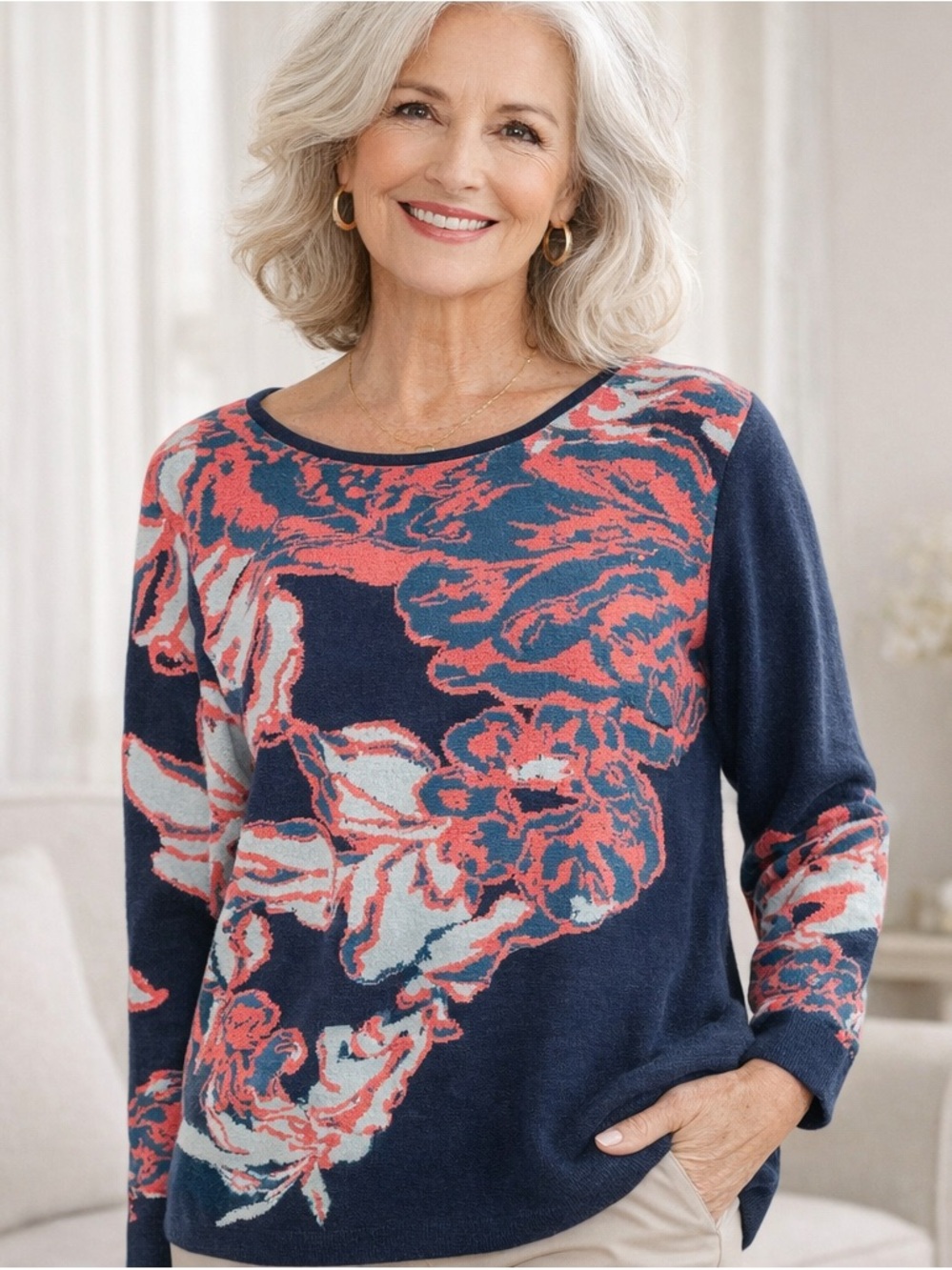 Soft Surroundings Floral Knit Sweater Navy Coral Relaxed Fit Lightweight Pullove